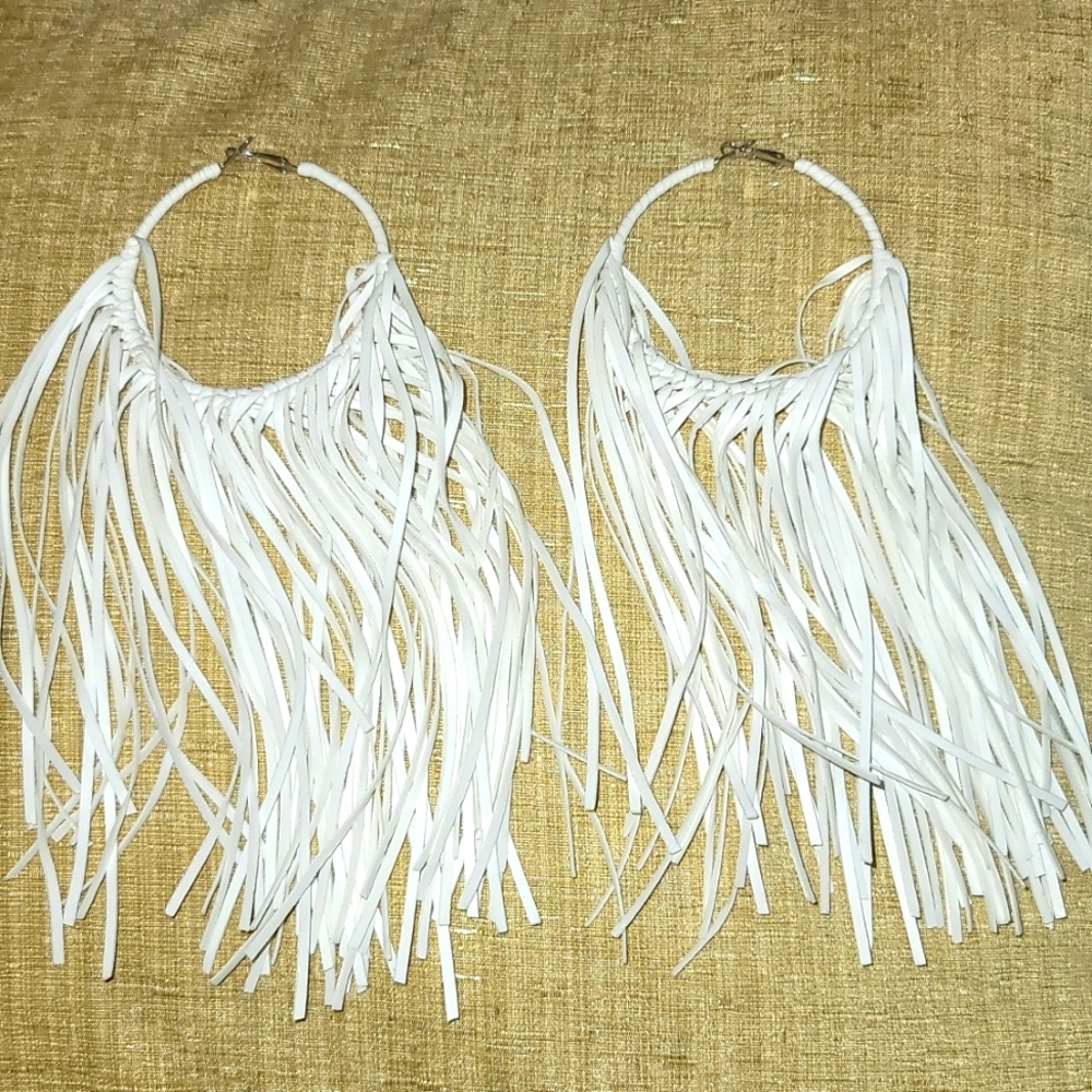 Sassy Jones White Dina Genuine Leather Fringe Hoops